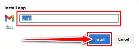 في موجه تثبيت التطبيق اكتب Gmail كاسم التطبيق وانقر على زر التثبيت