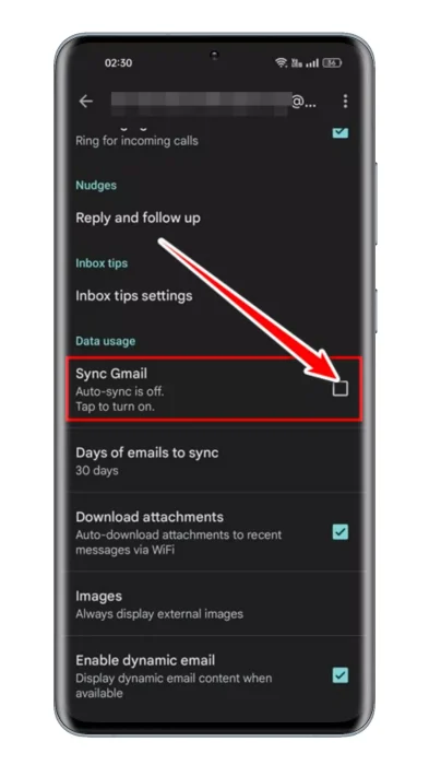 قم بالتمرير لأسفل وإلغاء تحديد خيار مزامنة Gmail