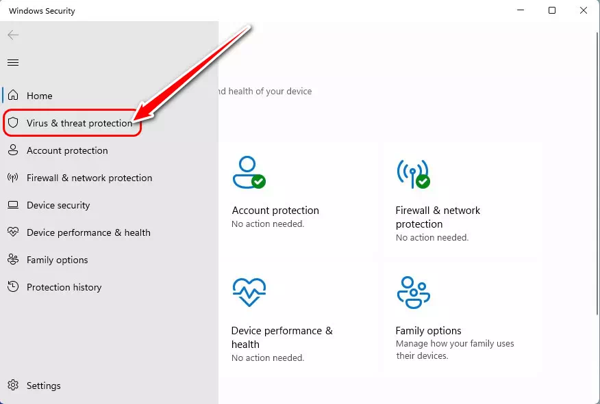 قم بالضغط على علامة التبويب Virus & threat protection