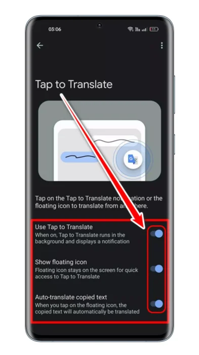 قم بتفعيل استخدم النقر للترجمة وإظهار الأيقونة العائمة والترجمة الآلية للنص المنسوخ