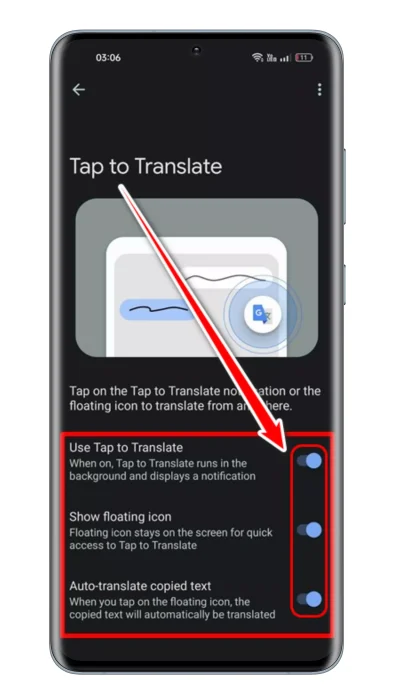 अनुवाद करने के लिए टैप का उपयोग करें, फ़्लोटिंग आइकन दिखाएं और कॉपी किए गए पाठ का स्वचालित अनुवाद सक्षम करें