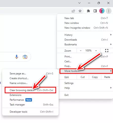 Fra listen over alternativer som vises, velg Flere verktøy og deretter Slett nettleserdata