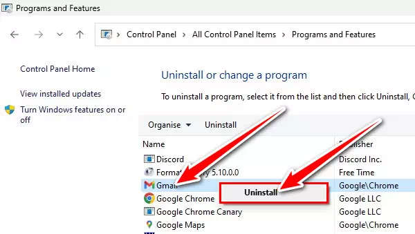 حدد Gmail وانقر بزر الماوس الأيمن فوق Uninstall