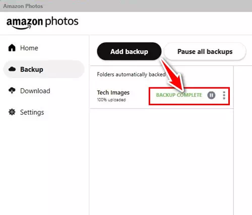 Amazon Photos Po nahrání se zobrazí zpráva Backup Completed Success