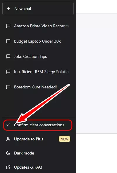 Napsauta Vahvista Tyhjennä ChatGPT-keskustelut -vaihtoehto