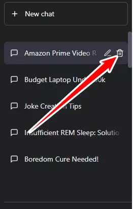 ChatGPT على انقر على أيقونة سلة المهملات بجوار الدردشة ChatGPT
