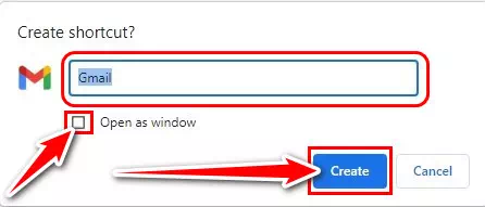 أدخل Gmail كاسم وحدد الخيار فتح كنافذة ثم انقر فوق إنشاء