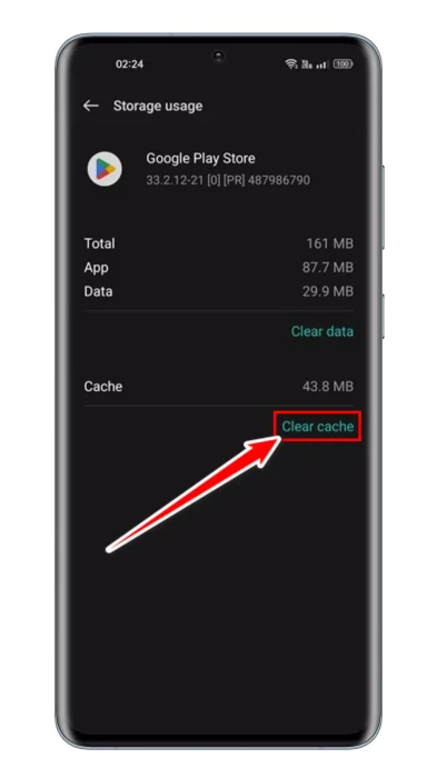 اضغط على زر مسح ذاكرة التخزين المؤقت لـ Google Play Store