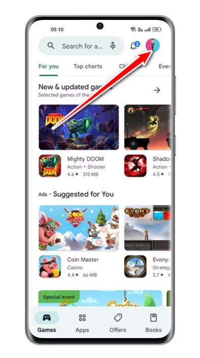 انقر على صورة الملف الشخصي في الزاوية العلوية في متجر Google Play