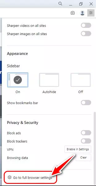 انقر فوق الانتقال إلى إعدادات المتصفح الكاملة في Opera Browser