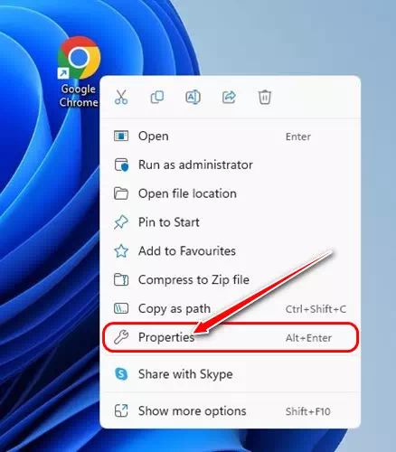 انقر بزر الماوس الأيمن على Chrome وحدد خصائص
