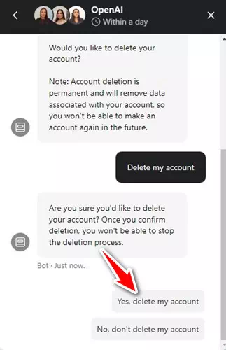 ChatGPT Yes, delete my account