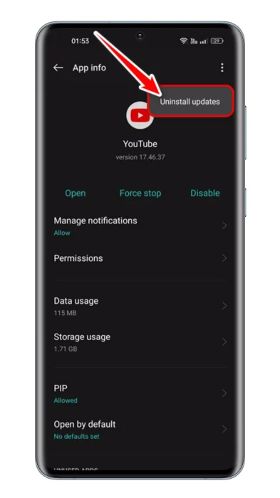 YouTube Shorts Uninstall updates را انتخاب کنید