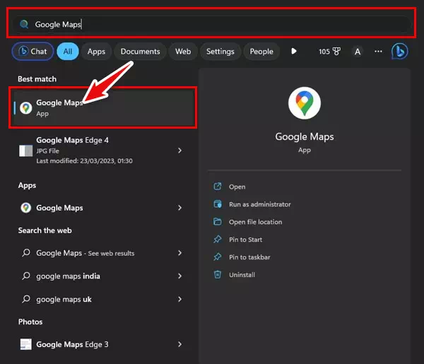 U hebt toegang tot de Google Maps-app via het Windows Start-menu