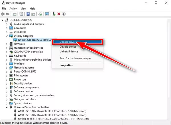 Hægrismelltu á skjákortið og veldu Uppfæra rekla valkostinn