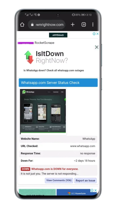 IsItdownrightnow의 WhatsApp 서버 상태