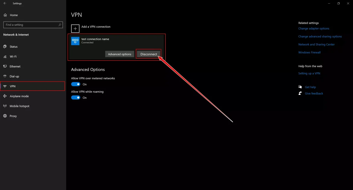 Disconnect a VPN in windows 10