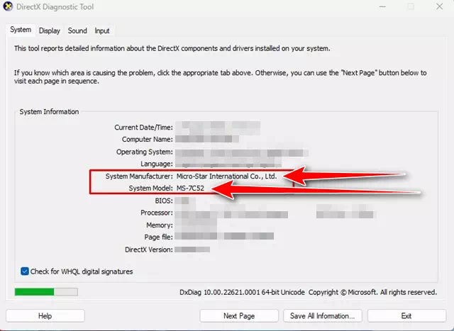 DirectX Diagnostic Tool System find Manufacturer and model