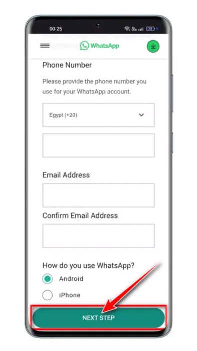 WhatsApp Messenger Support fill in the details