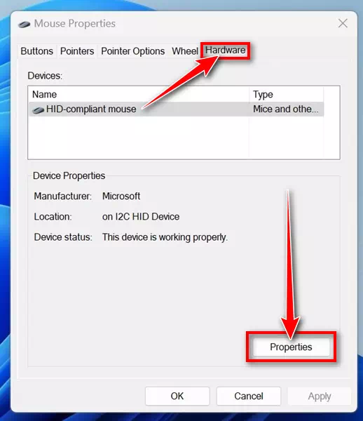 Váltson az Eszközök fülre, és kattintson a Tulajdonságok gombra
