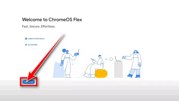 Chrome OS Flex välkomstskärm klicka på Kom igång