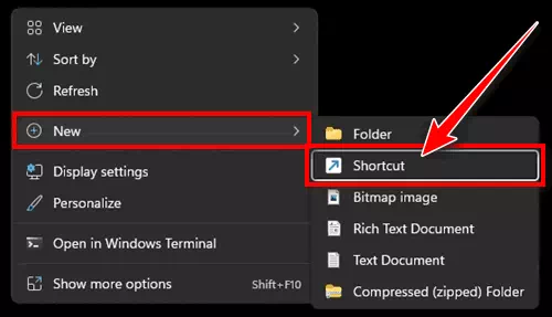 Create a Shortcut on windows 11