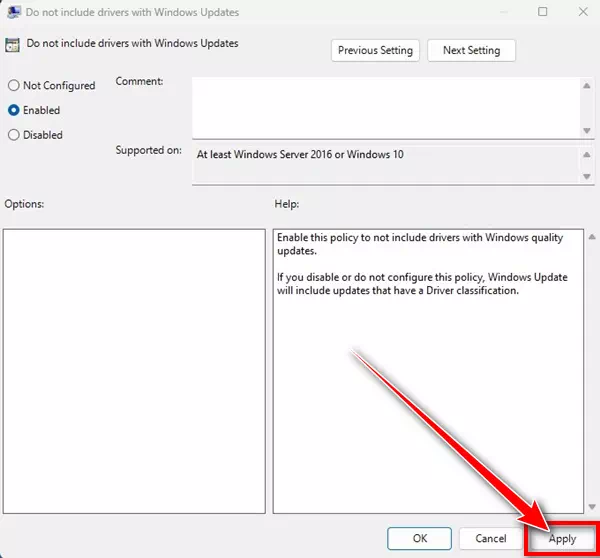 Inkludera inte drivrutiner med Windows-uppdateringar Välj Enabled och klicka på Apply