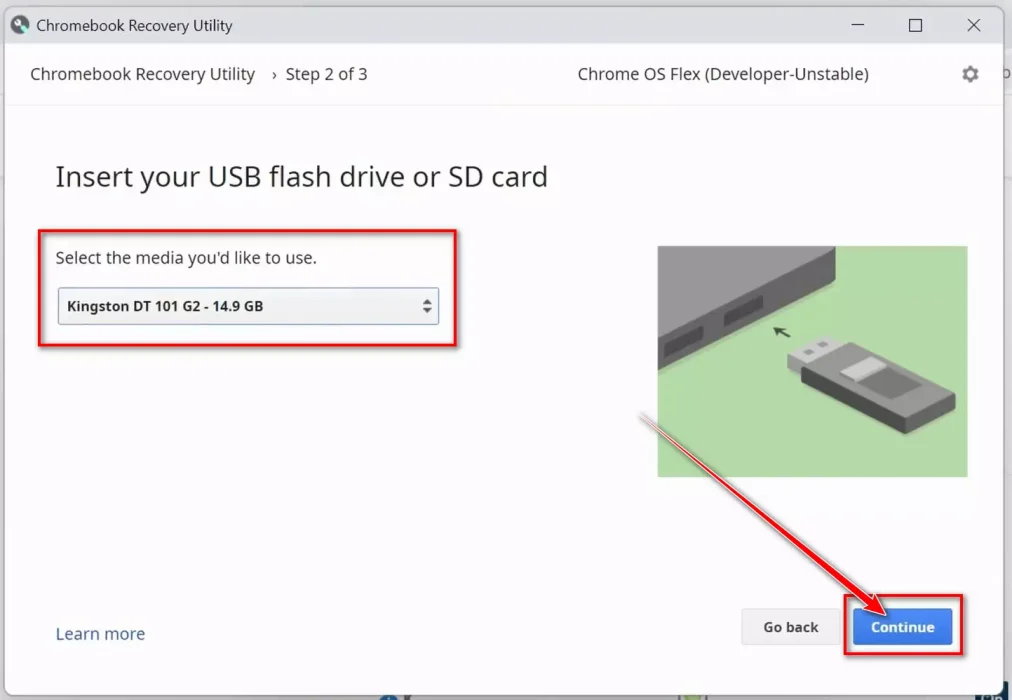 Insert your clean USB flash drive or SD Card