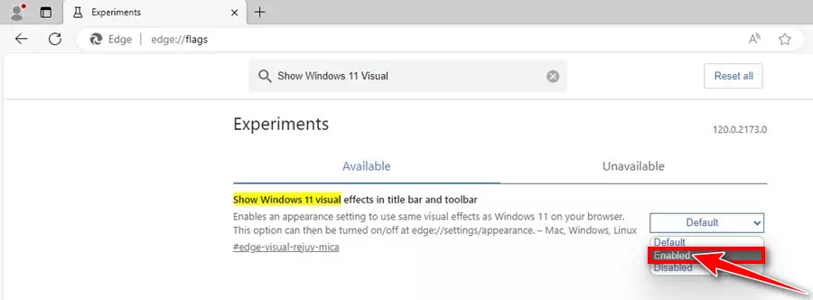 Afficher les effets visuels de Windows 11 dans la barre de titre et la barre d'outils Activé sur Microsoft Edge