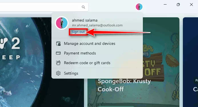 Sign out from Microsoft Store