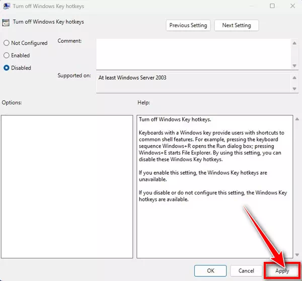 Turn off Windows Key hotkeys Apply changes