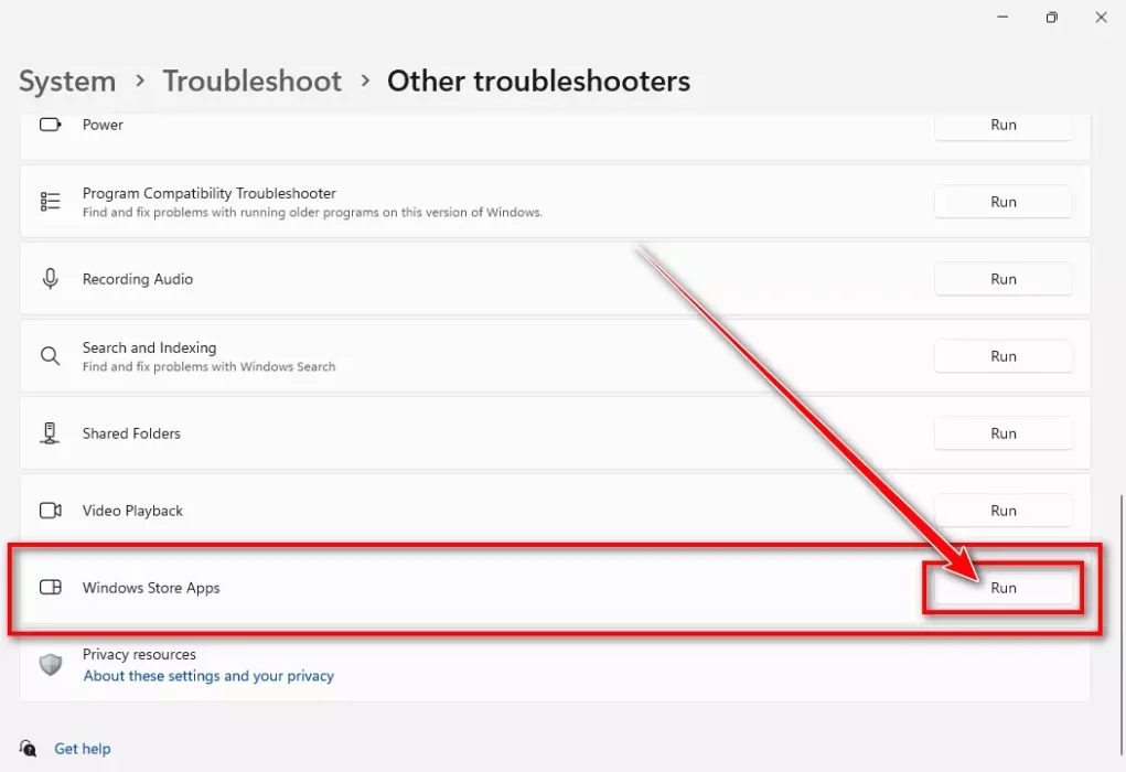 Windows Store Apps troubleshooter and click Run