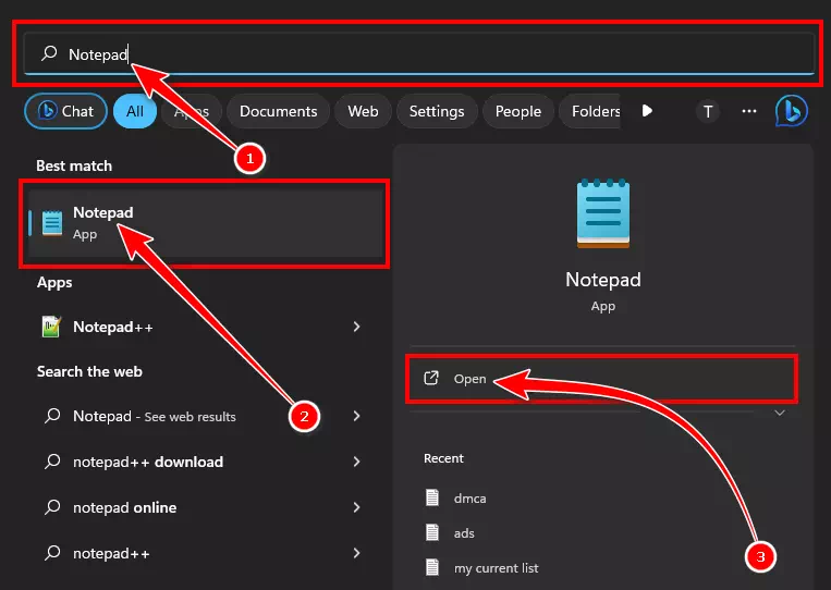 Windows 11에서 메모장을 검색하세요.