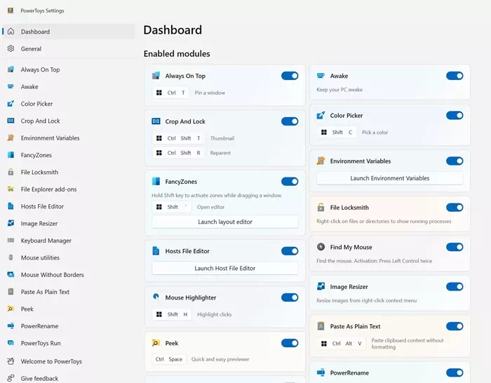 Prieiga prie įvairių PowerToys įrankių