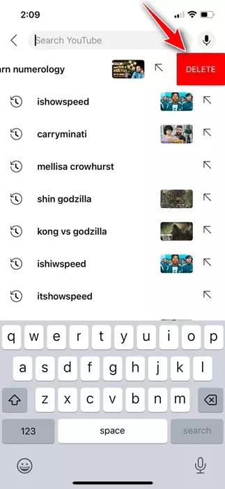 Ziehen Sie den Suchbegriff nach links und wählen Sie Löschen