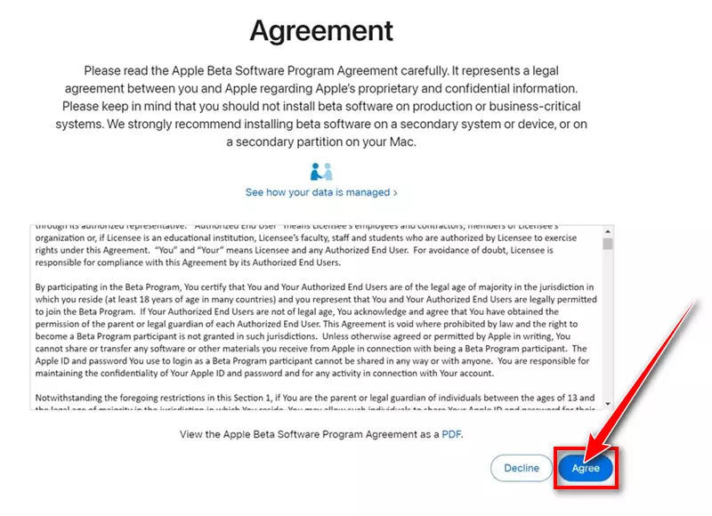 Приемете Споразумението за бета софтуер на Apple