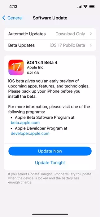 iOS 17.4 النسخة التجريبية العامة