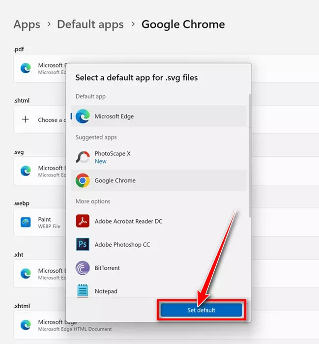 قم بتعيين Google Chrome باعتباره التطبيق الافتراضي لأنواع الملفات الأخرى