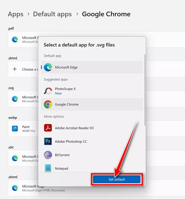 Google Chrome を他のファイルタイプのデフォルトアプリケーションとして設定する