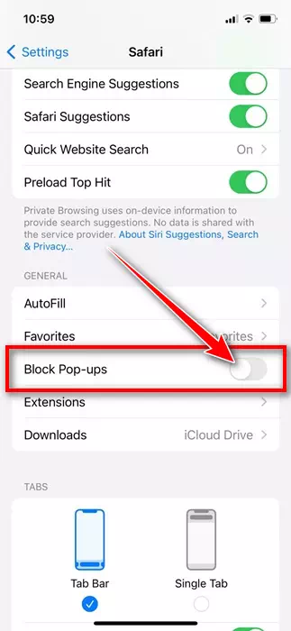 قم بتعطيل Block Pop-ups